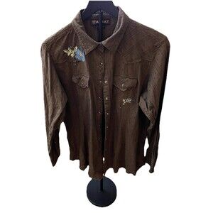 Ariat Western Top Brown ~ Pearl Snap ~horseshoes~ Embroidered XXL beautiful Top